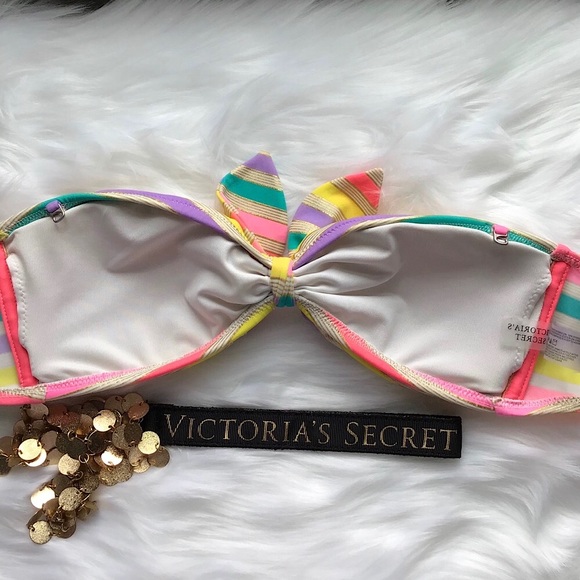 Victoria’s Secret Rainbow Gold Shimmer Stripe Bikini Top Size Small - Picture 7 of 9